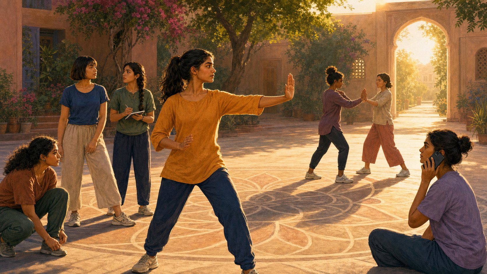 Young adult women practise awareness, boundary-setting, and movement toward an exit in a sunlit community courtyard.