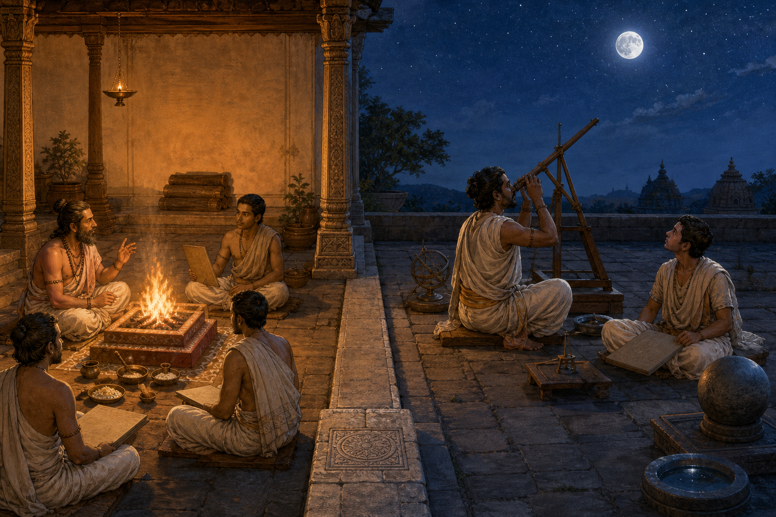 A ritual teacher instructs students beside a fire while, across the same courtyard, scholars verify an observation of the moon with a sighting instrument.