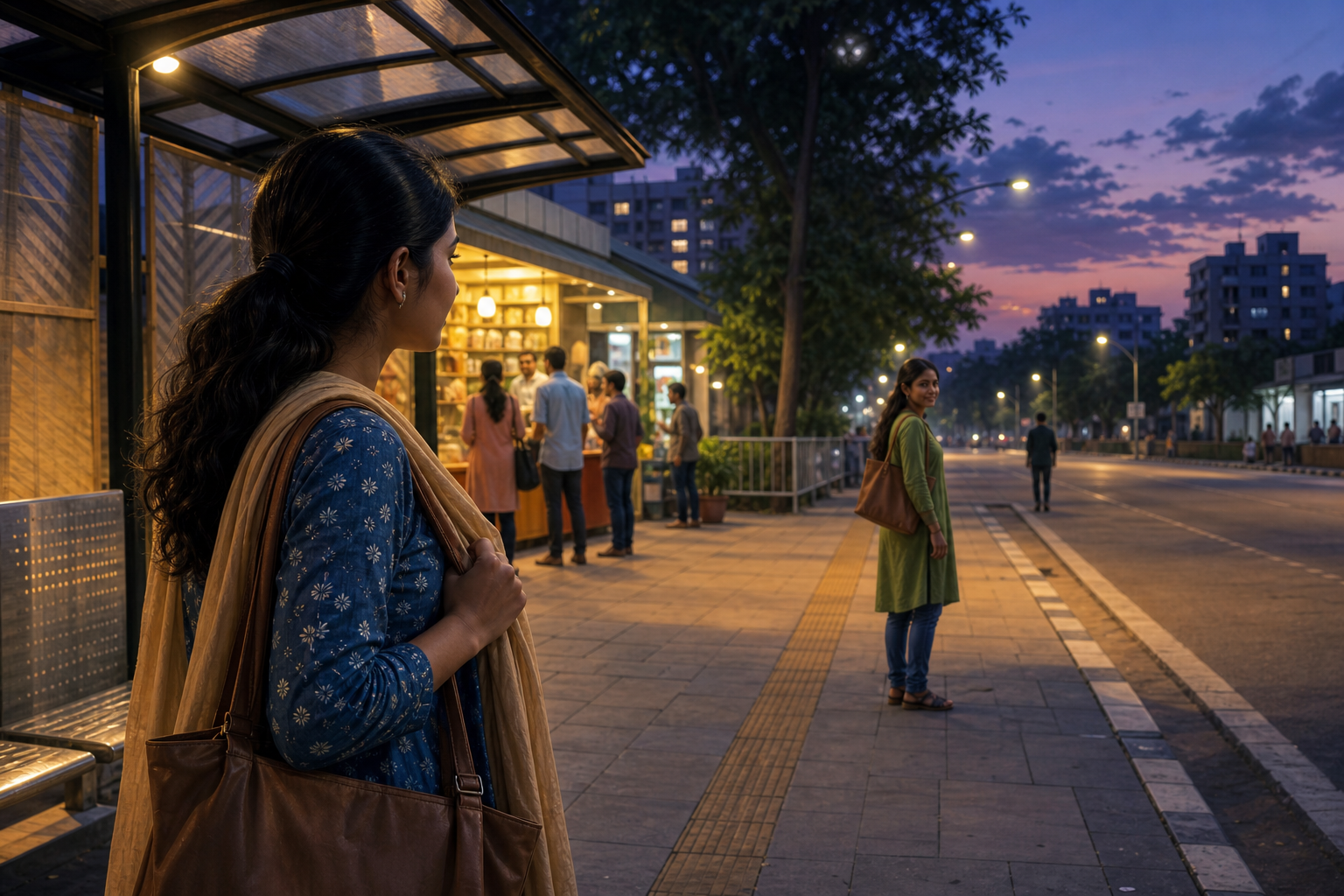 A young woman at a city transit stop notices her surroundings and moves toward a well-lit shop and a nearby companion.