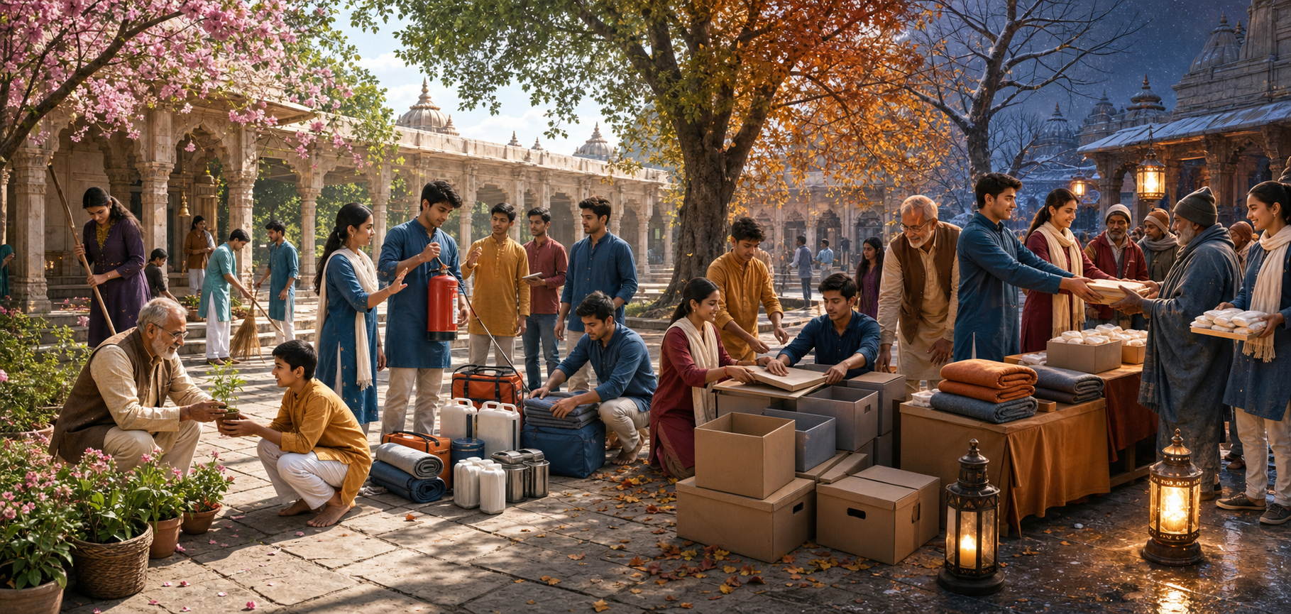 A continuous four-season temple courtyard scene shows a community progressing from a shared service task to training, recordkeeping, succession, and organized emergency relief.