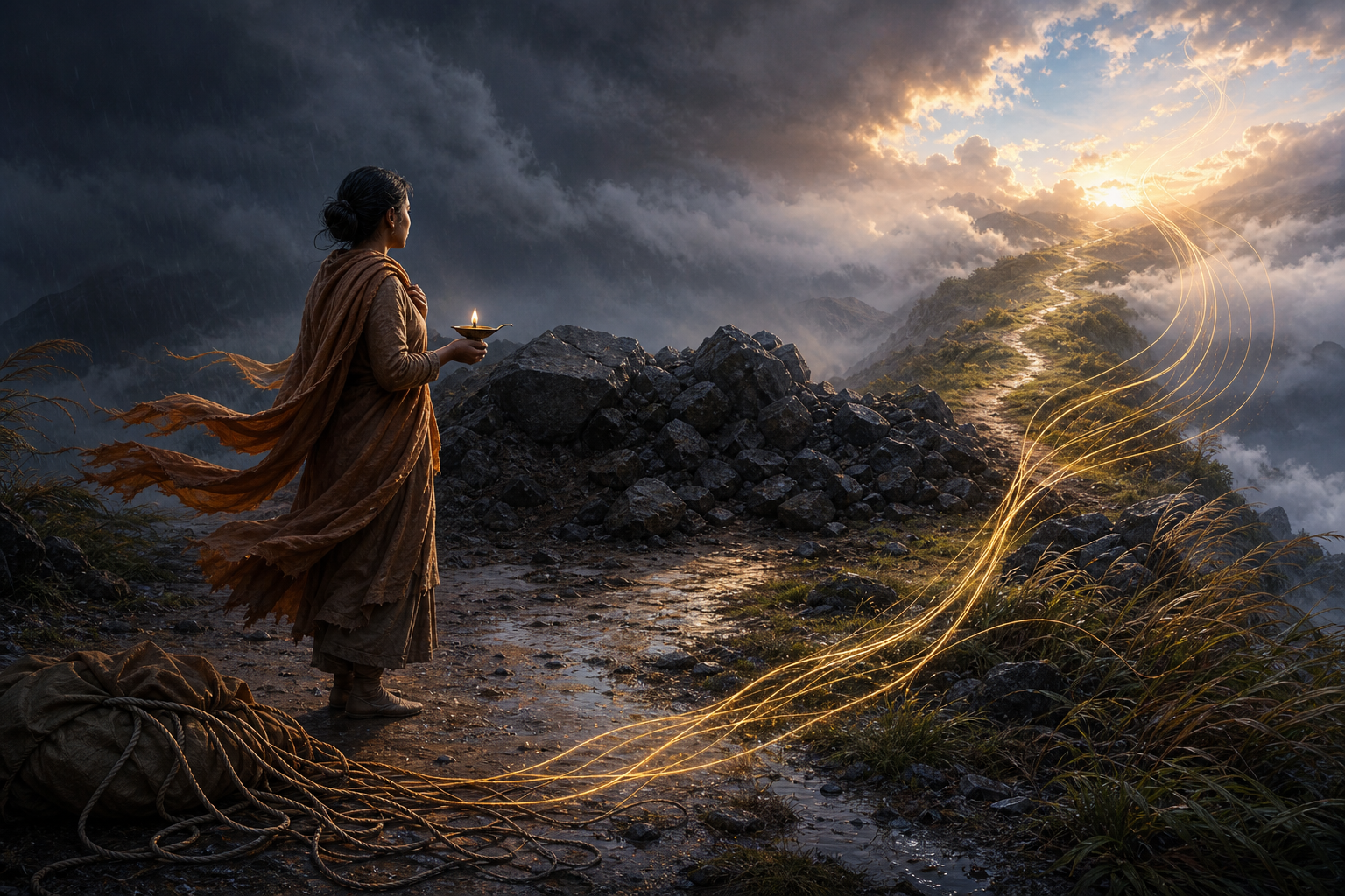 A person holding a sheltered oil lamp stands before a landslide on a stormy mountain path as dawn breaks over a second trail.