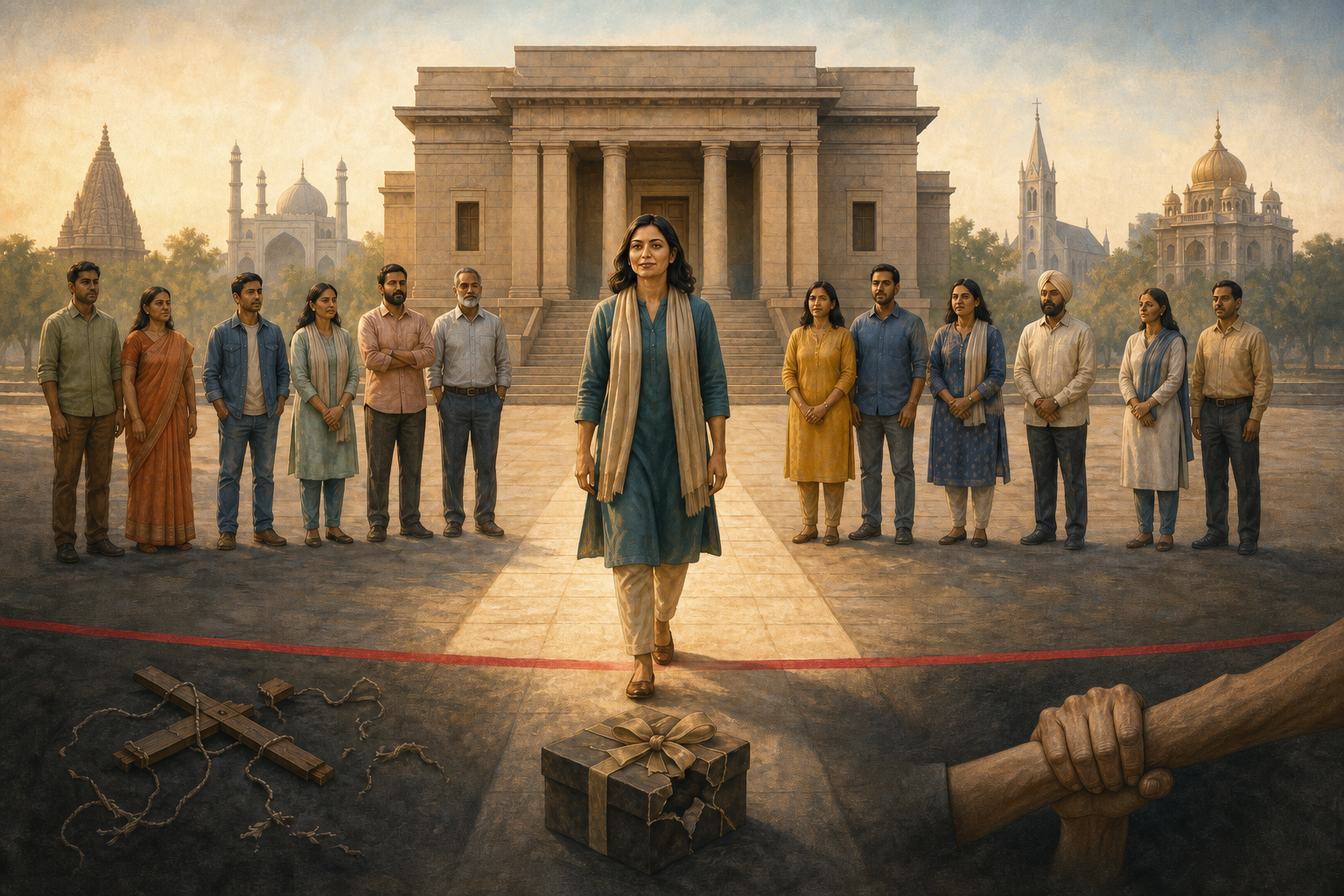 Indian adults stand before a courthouse as one person follows a lit path separated by a red boundary from symbols of coercion and deception.