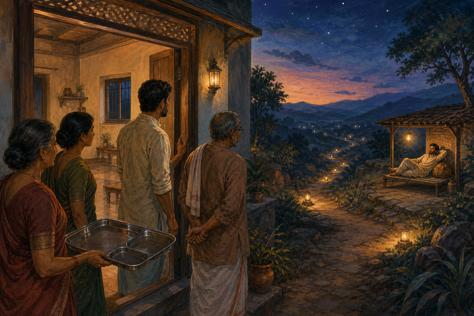 Relatives look into an empty house while the absent traveler is shown resting safely at a distant roadside shelter under the night sky.