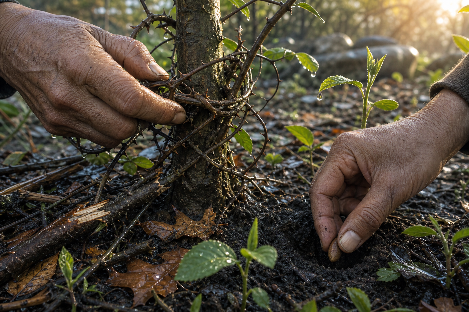 Two hands tend a storm-damaged garden by freeing a young tree from a thorny vine and planting a seed in wet soil.