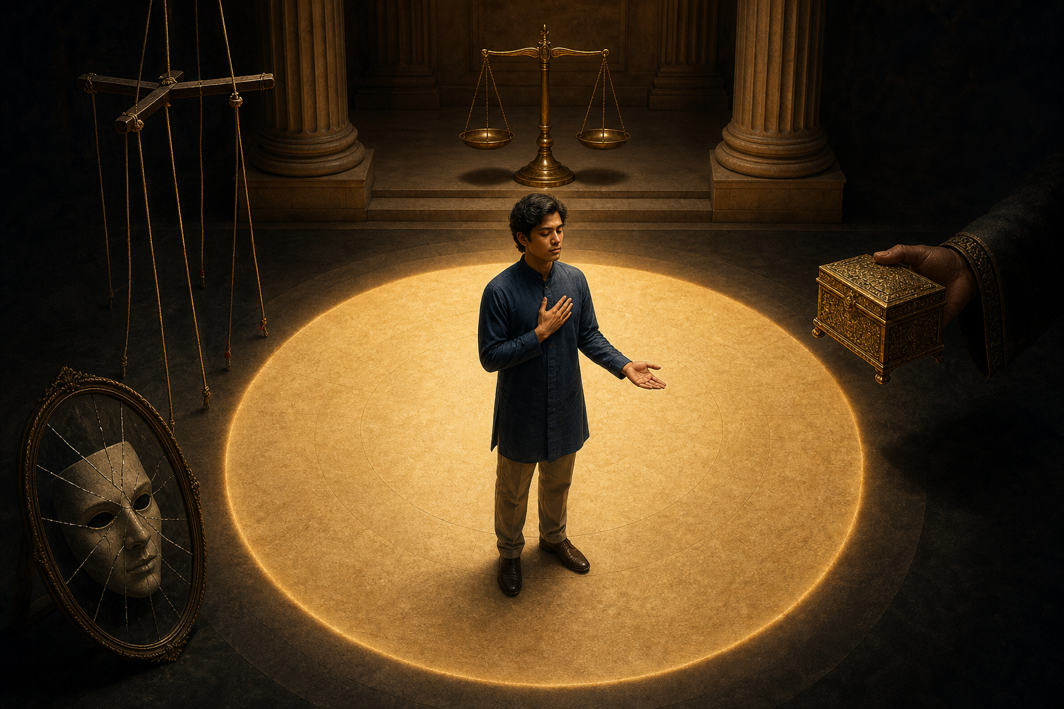 An adult stands freely in a circle of light while puppet strings, a concealed gift, and a cracked mirror remain outside the boundary.