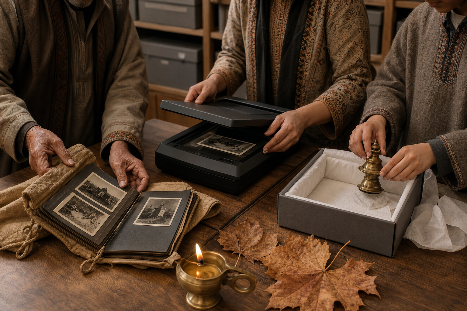 Three generations work together to preserve a family album and a small temple artifact in a community archive.