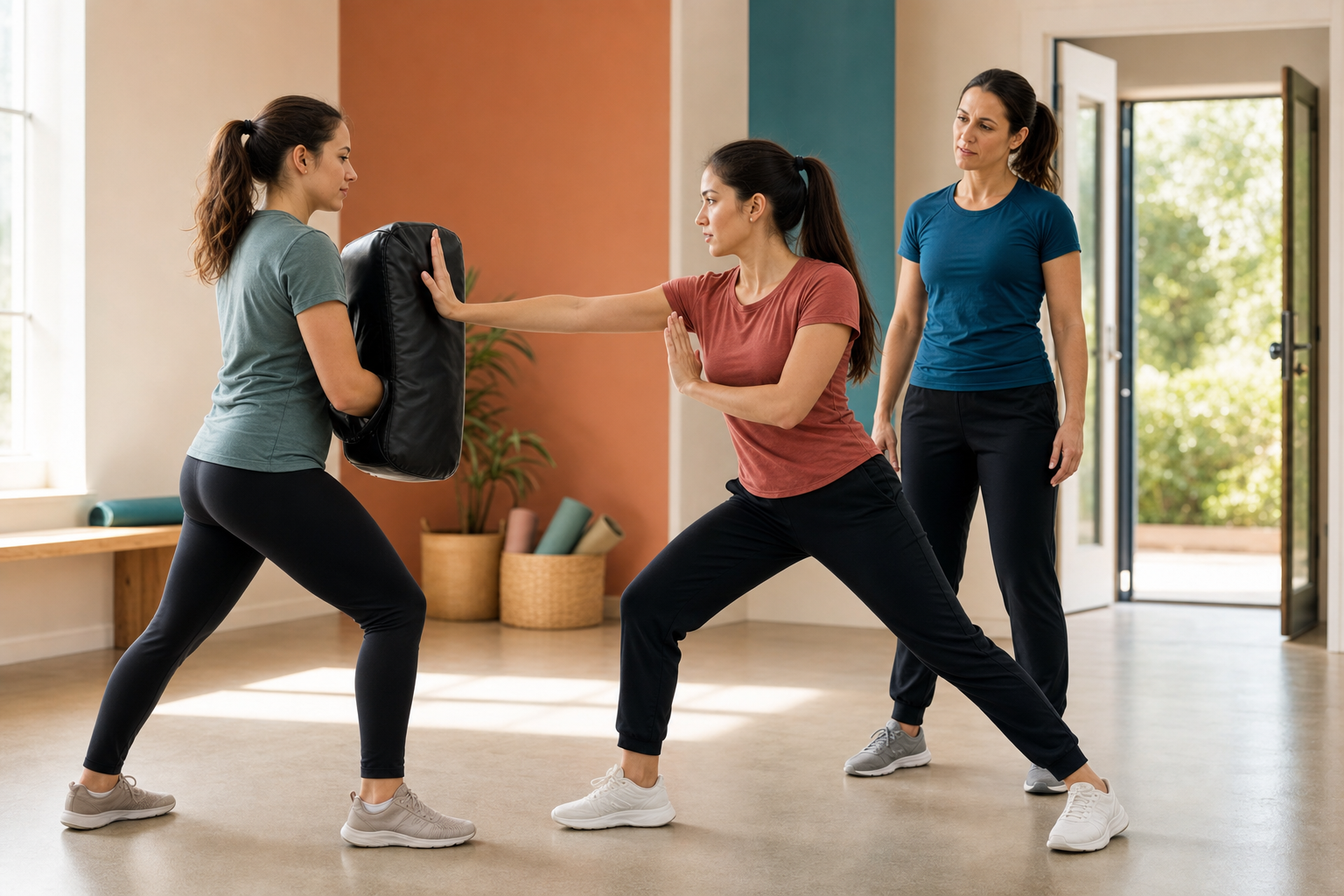 Two young women practise a supervised boundary-and-escape drill with a padded shield in a self-defence studio.