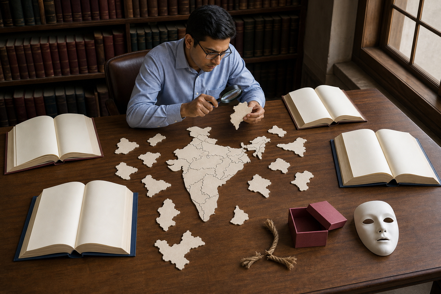 A legal researcher compares unmarked law books and examines one piece of a plain paper map of India beside symbolic evidence objects.
