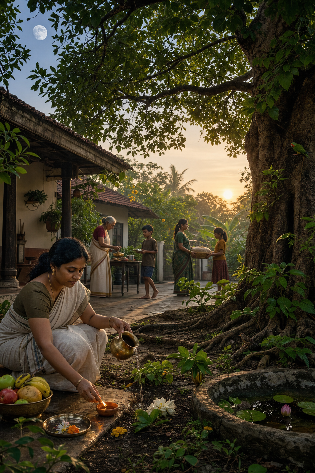 A family performs a dawn courtyard rite beneath a large tree while preparing food and tending the surrounding soil and plants.