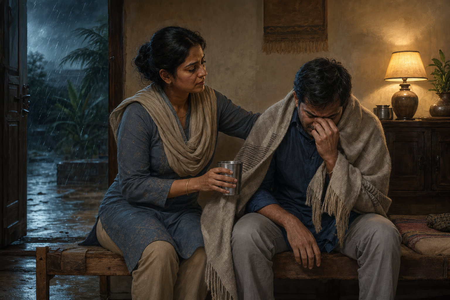 One adult sits calmly beside a grieving person, offering a blanket and water in a softly lit room while rain falls outside.