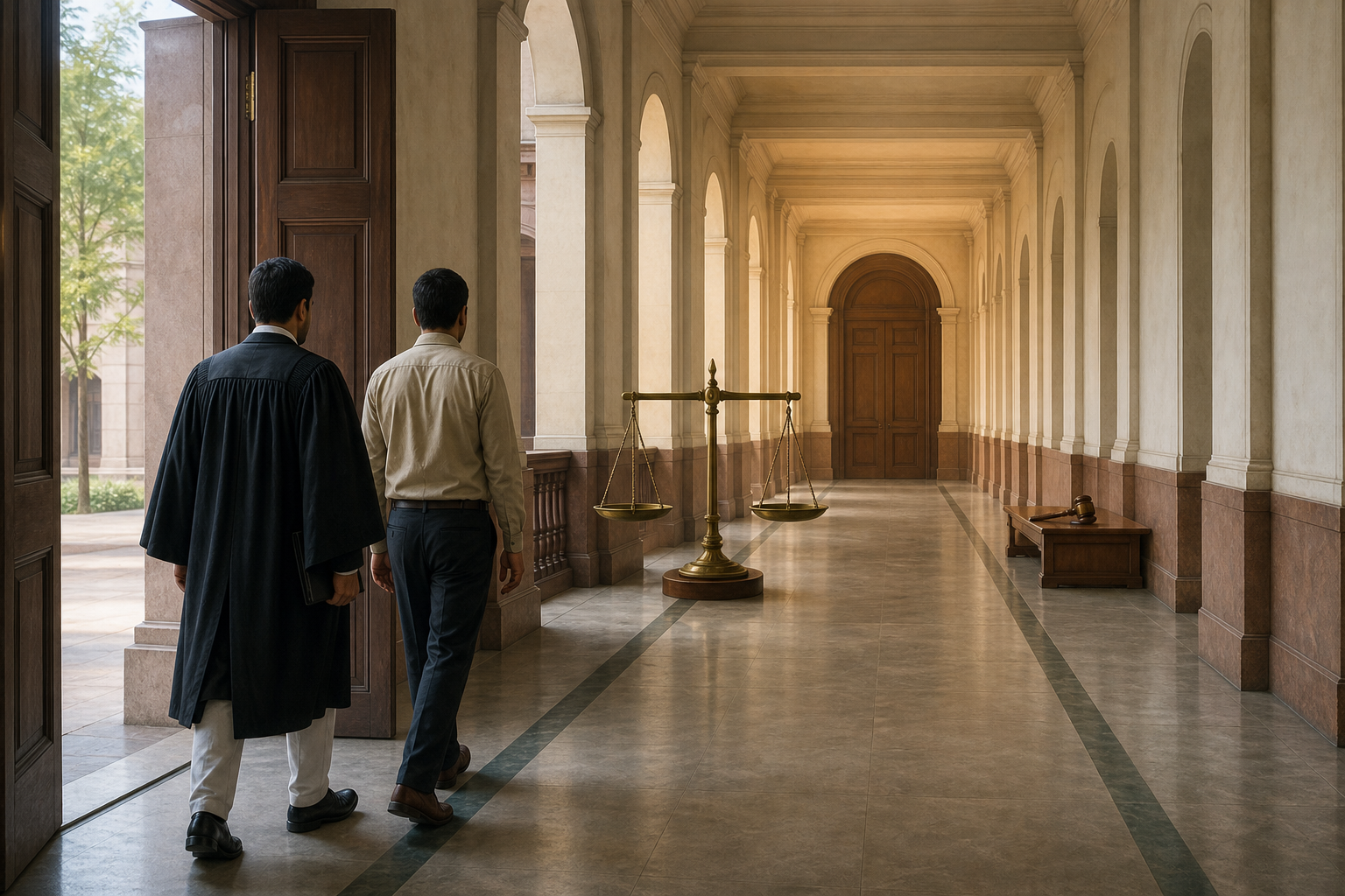 A person and lawyer pass through an open preliminary courthouse doorway while a distant final chamber remains closed.