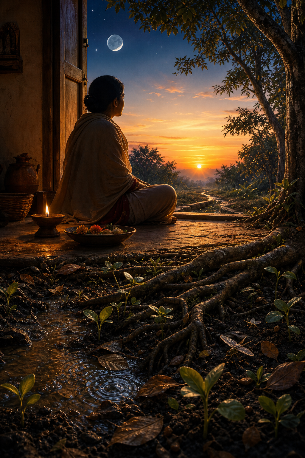 A practitioner sits beside a lamp at dawn as the moon, tree roots, flowing water, seedlings, and insects form connected natural rhythms.