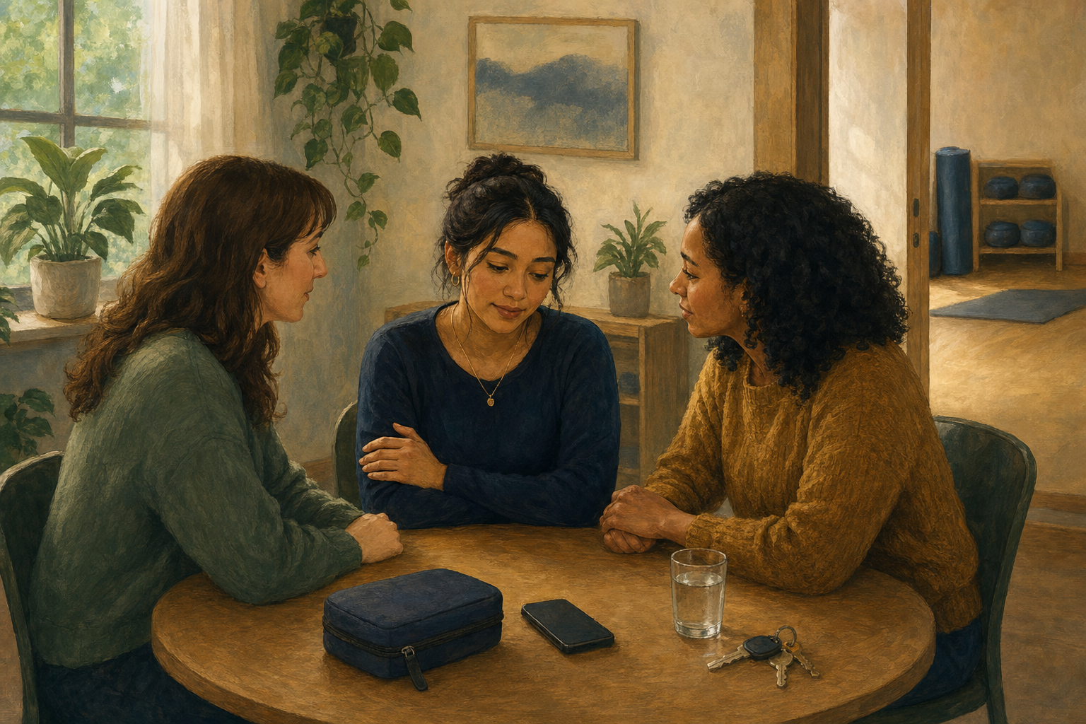 A young woman sits with a counsellor and trusted friend beside a phone, first-aid pouch, water, and keys in a quiet support room.