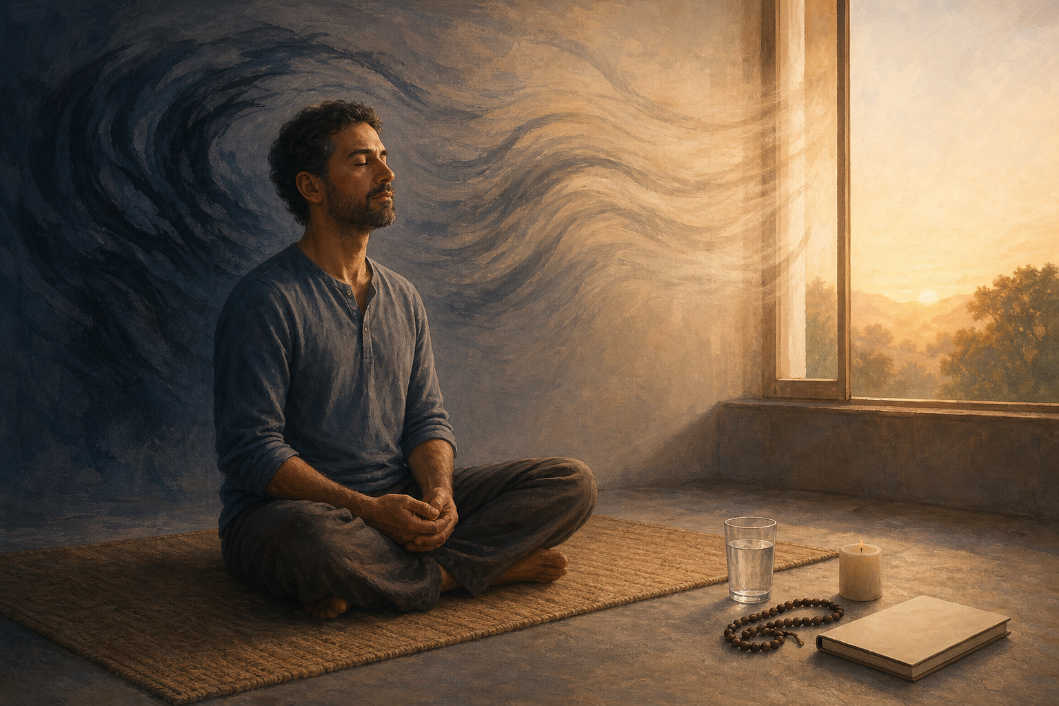 A person meditates on a woven mat at sunrise as dark, tangled shapes behind them open into light, spacious arcs near the window.