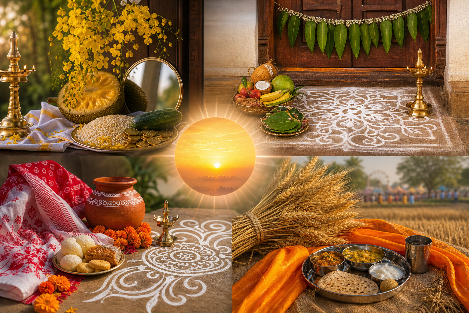 Four distinct festive settings show a Vishu kani, a Puthandu kolam and mango-leaf decoration, a Bengali New Year arrangement, and Vaisakhi wheat sheaves around warm sunrise light.