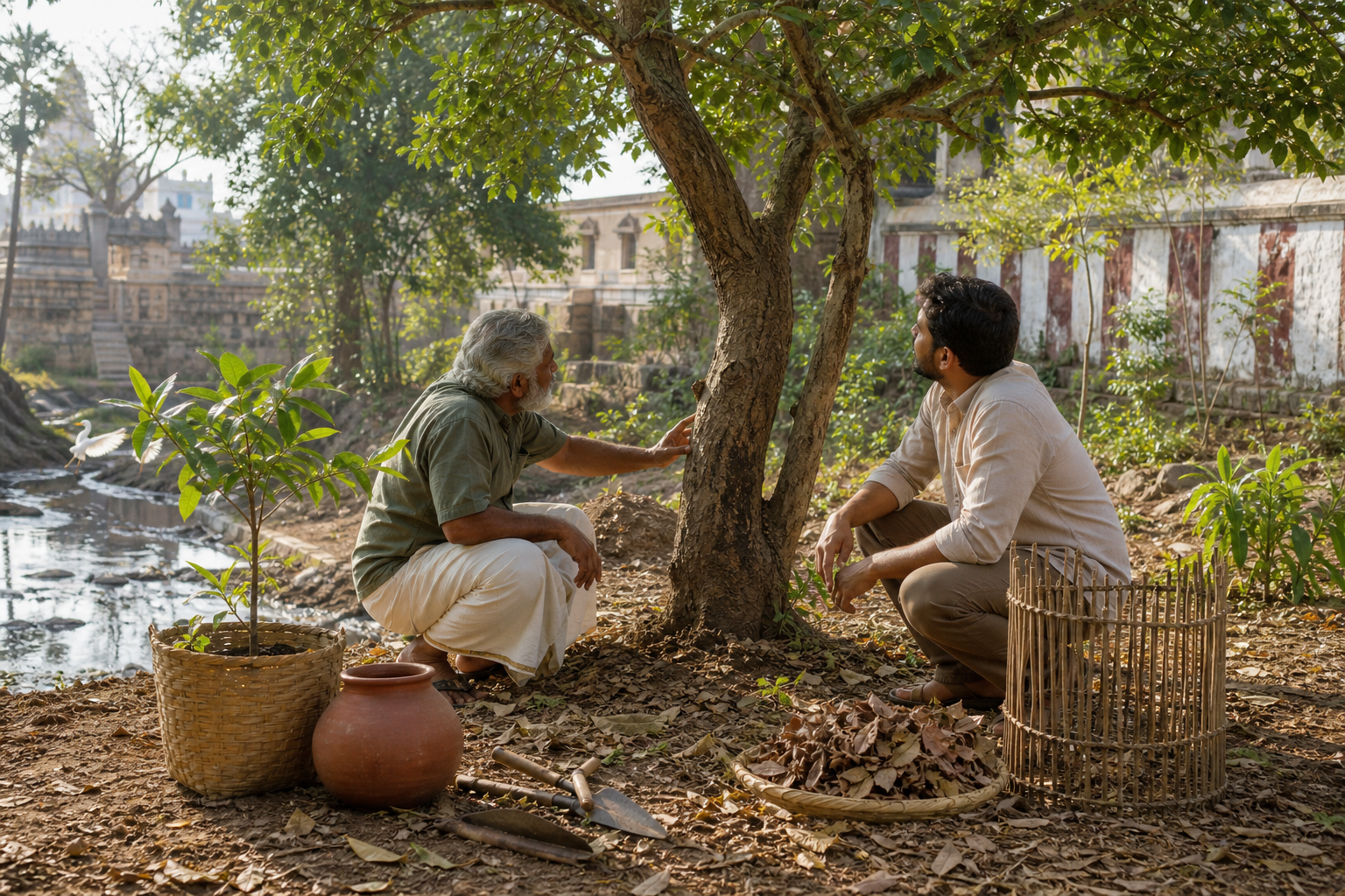 Two people inspect a mature native tree, soil, water, and planting space beside a sapling and simple gardening tools.