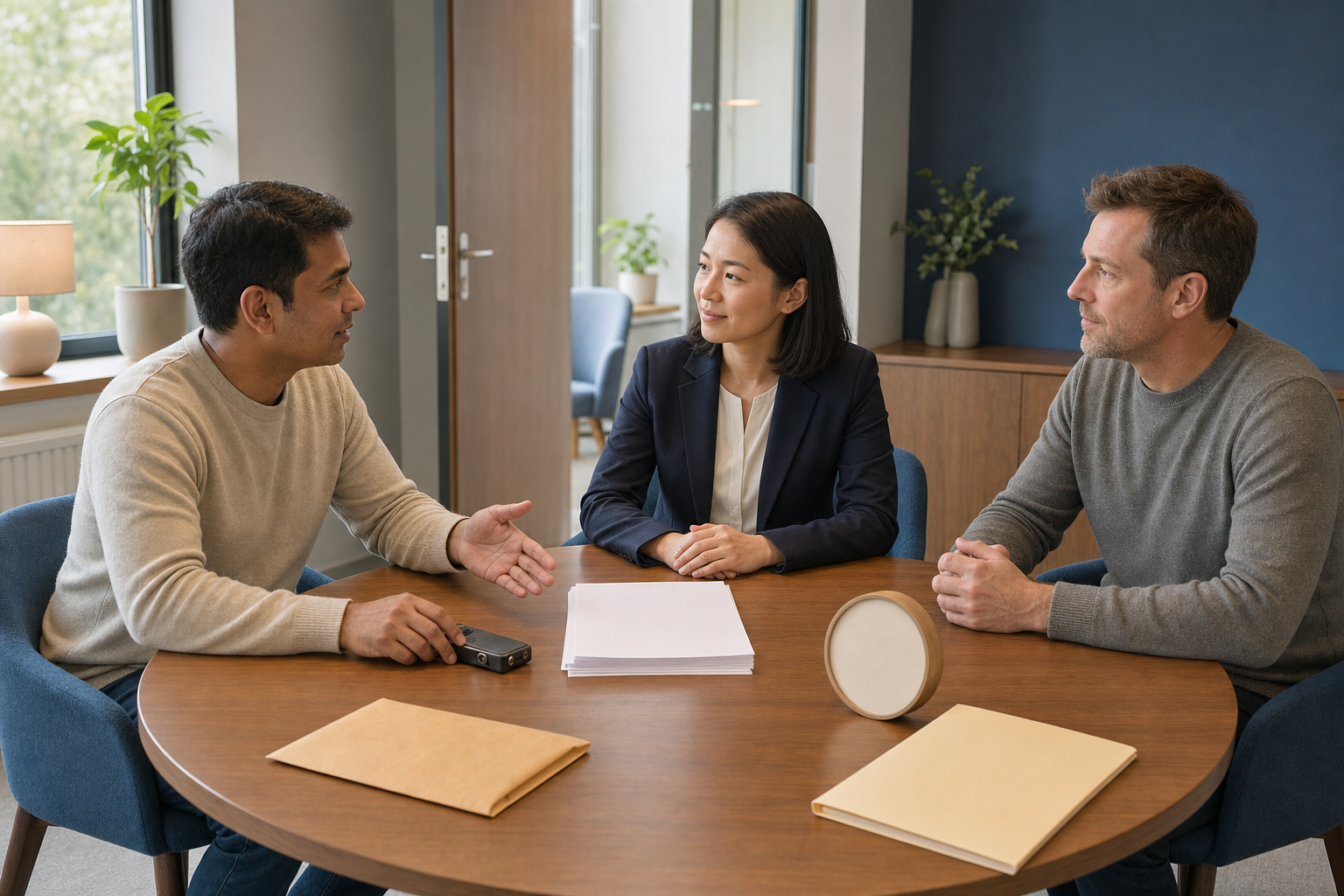 An adult meets with a lawyer and neutral witness at a round table with a recorder, blank documents, and an evidence envelope.