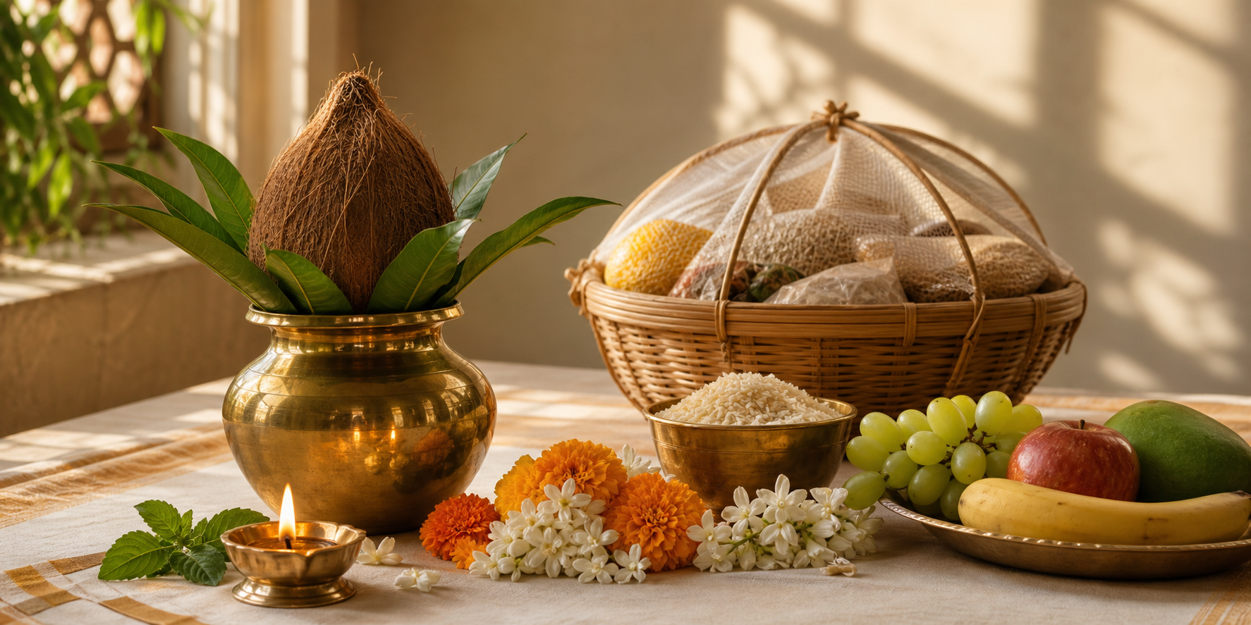 A brass kalasha, lit oil lamp, flowers, rice and fruit arranged beside a basket of food for donation on a home altar.