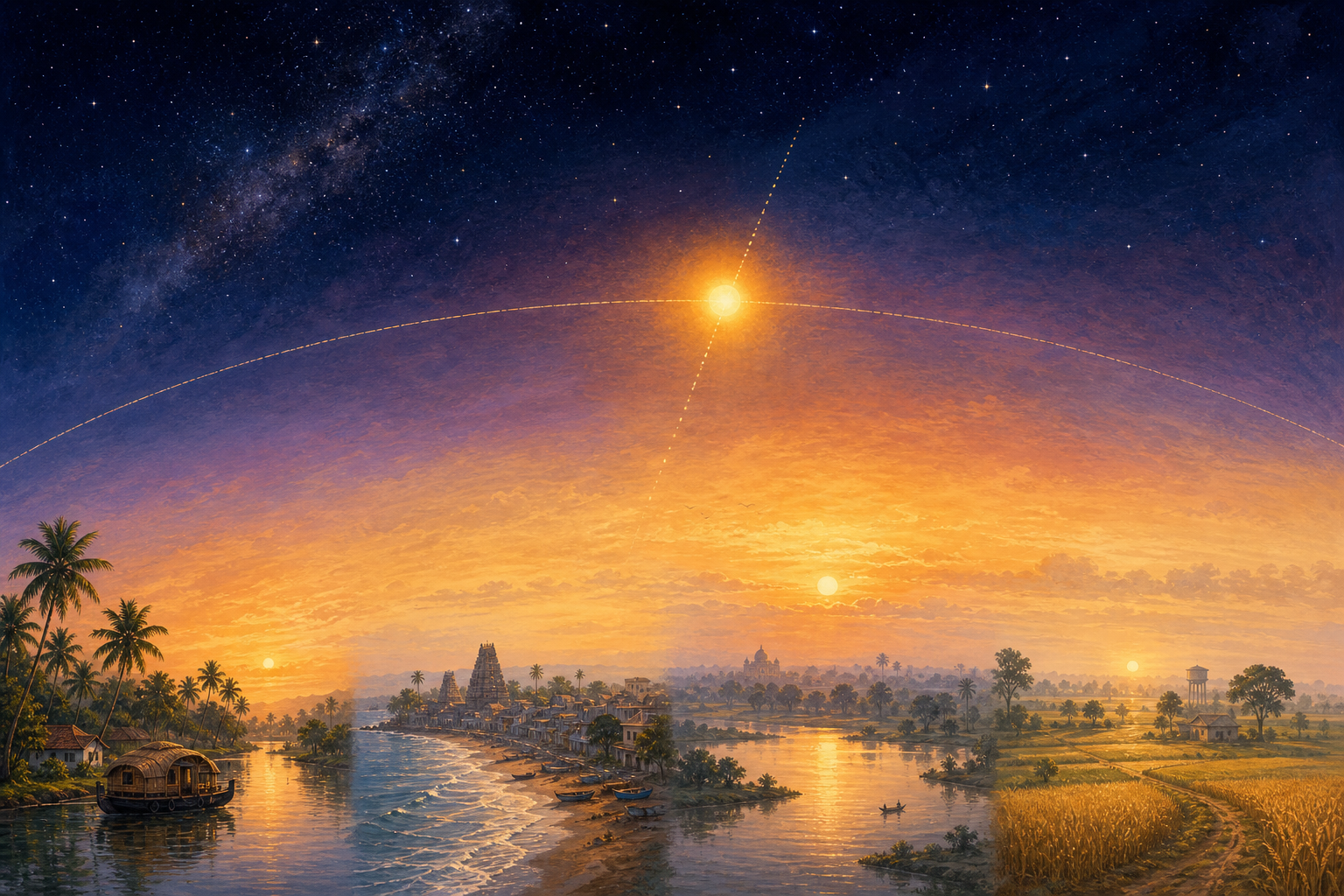 The sun crosses a celestial boundary above dawn landscapes representing Kerala, Tamil Nadu, Bengal and Punjab at different stages of daylight.