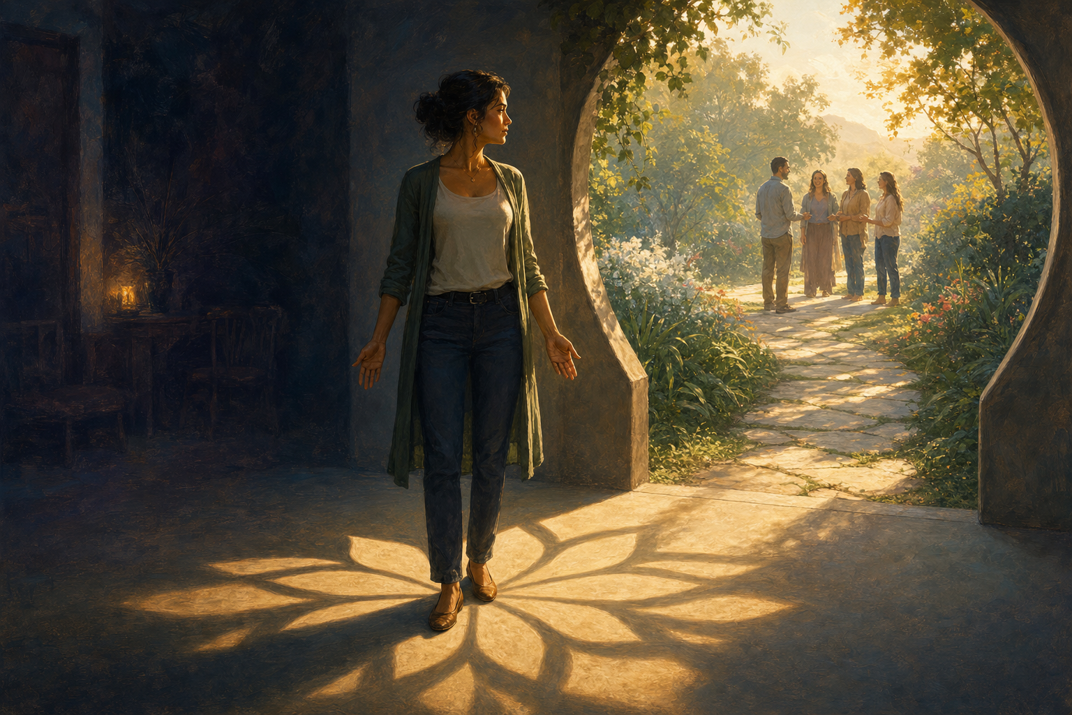 A young woman with open hands steps from a shadowed threshold toward a sunlit garden path and a supportive group.