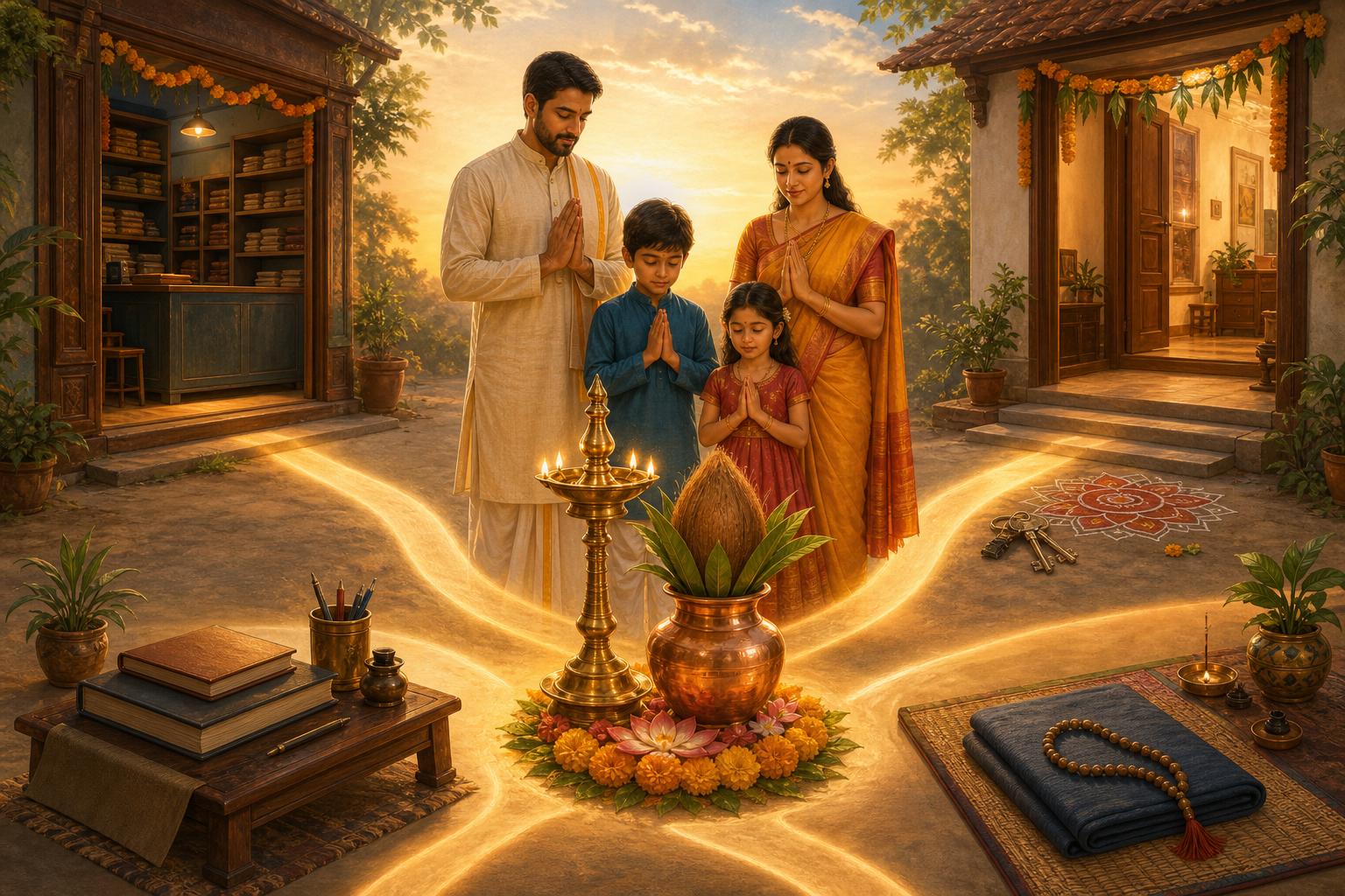 A glowing brass lamp and kalasha stand at the center of four paths leading to a shop, a home, a study desk, and a meditation space.