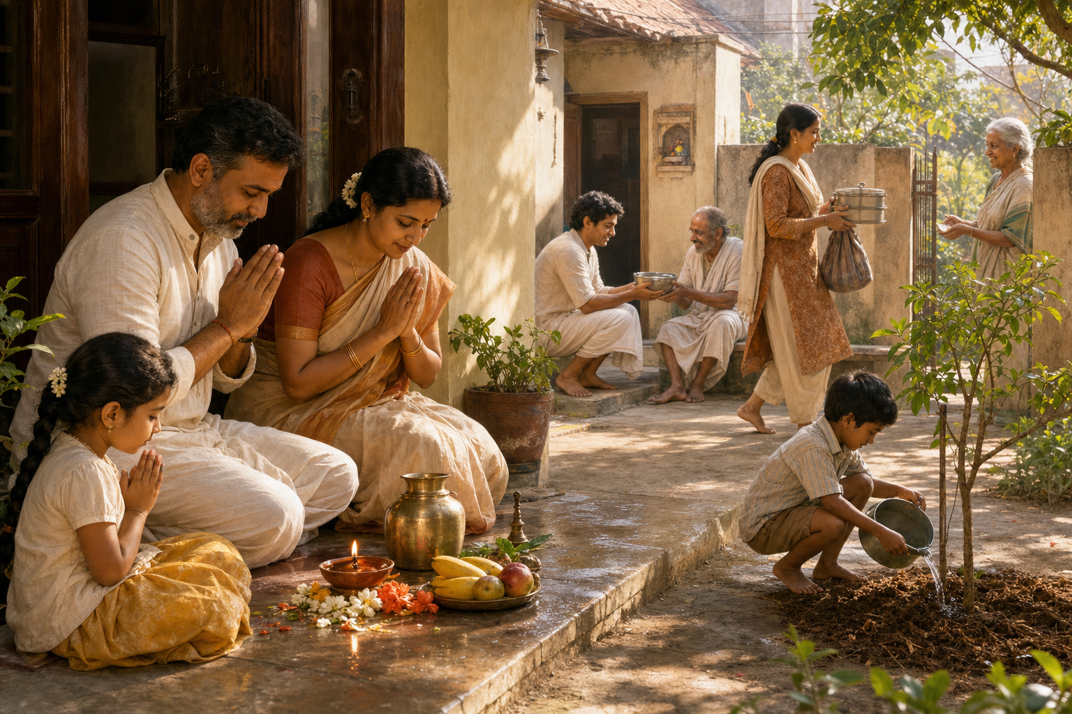 A family completes a simple threshold rite while sharing food with a visitor and watering a mulched tree in the courtyard.