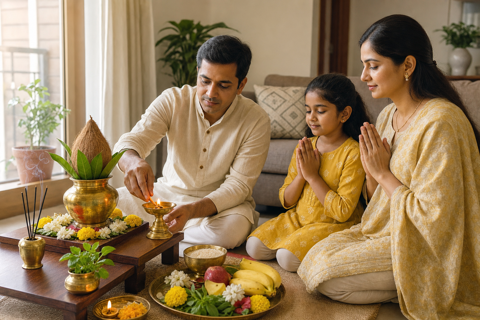 A family performs a simple home puja with a lit diya, brass kalasha, rice, fruit, tulsi leaves and flowers.
