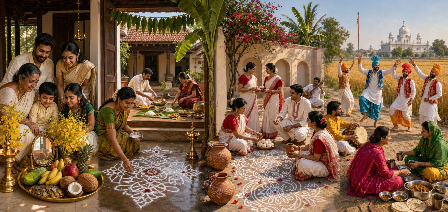 Four separate scenes depict a Kerala Vishu kani, a Tamil Puthandu home entrance, a Bengali Pohela Boishakh courtyard and a Punjabi Vaisakhi gathering by wheat fields.