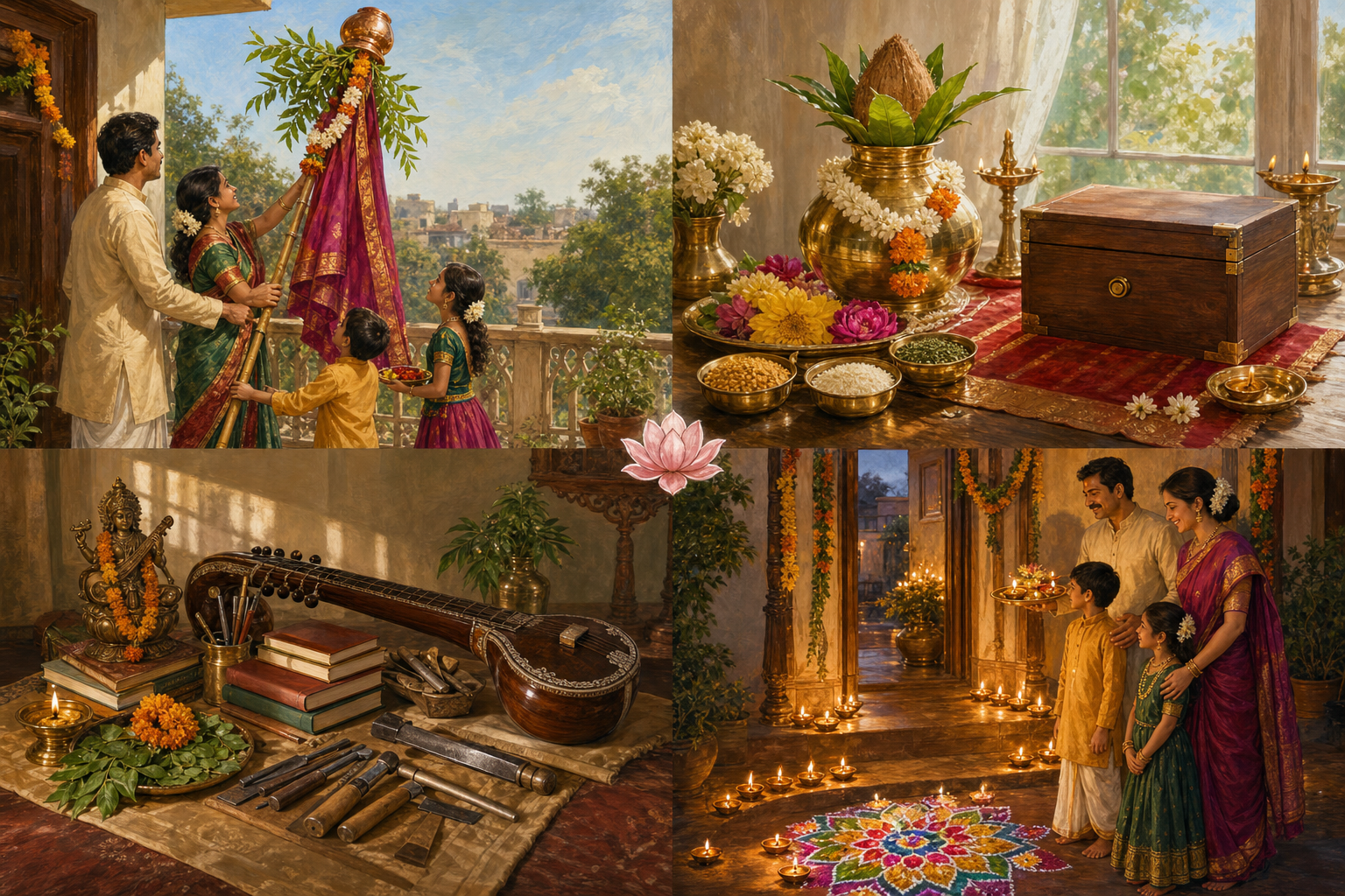 Four illustrated scenes show a raised gudi, an Akshaya Tritiya offering, books and tools arranged for Vijayadashami, and a lamp-lit Bali Pratipada threshold.