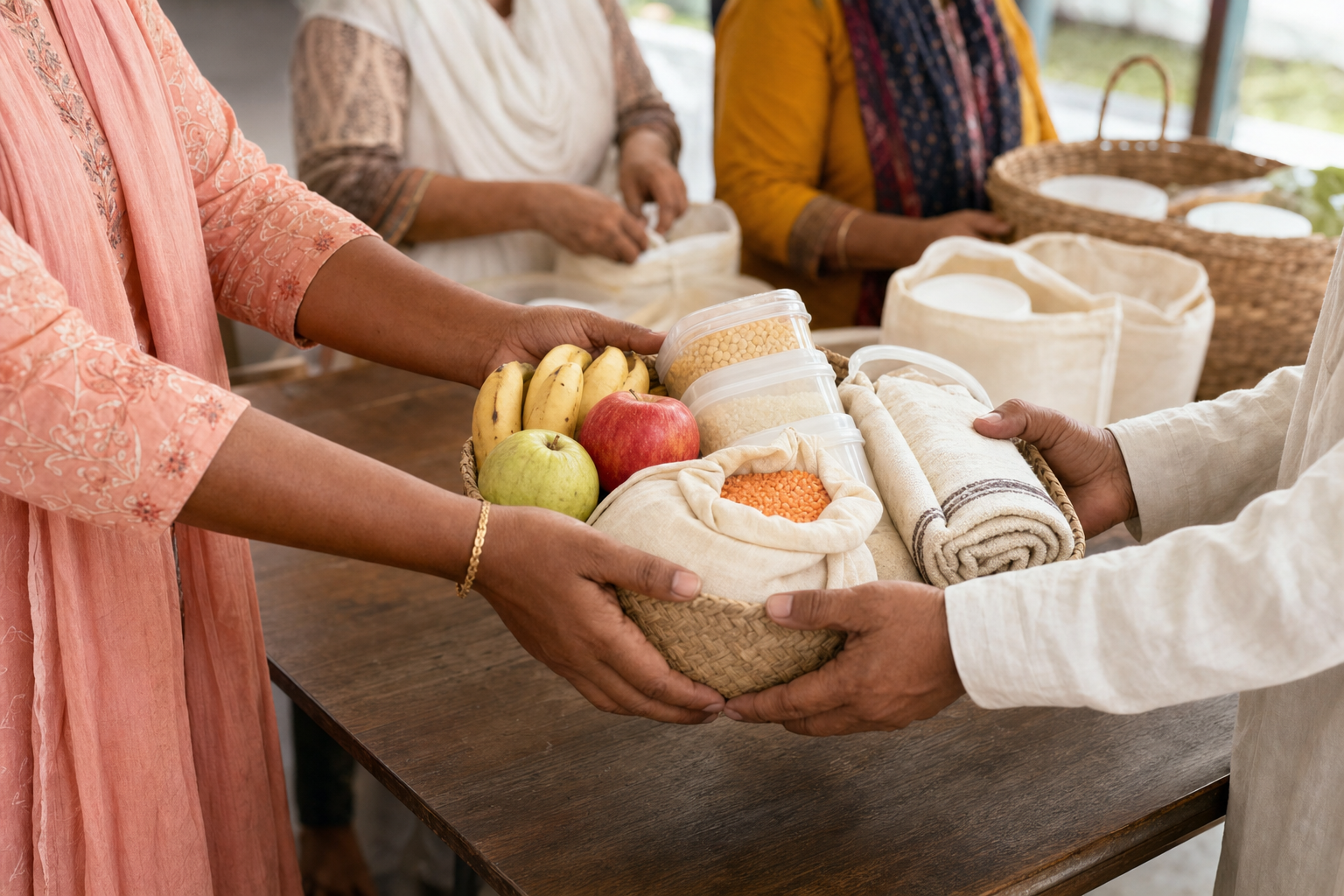 One person respectfully gives another a basket containing staple foods, fruit and a folded blanket at a community center.