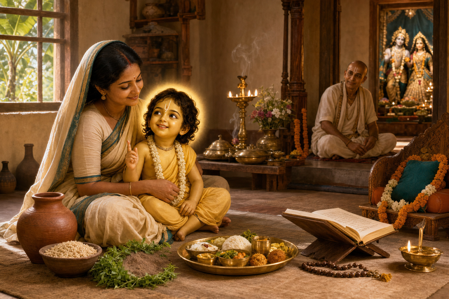 Mother holding a radiant golden child in a traditional Bengali devotional home with prasada and scripture.