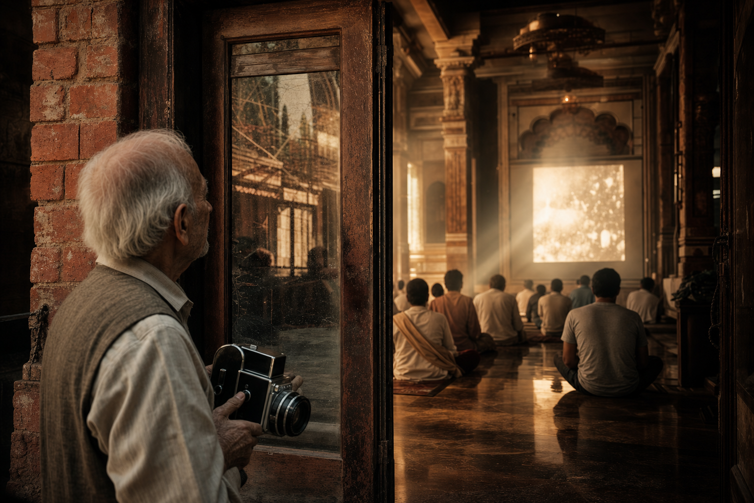 A historic storefront, a temple hall, an elderly photographer and young people watching archival projections are linked by warm light.