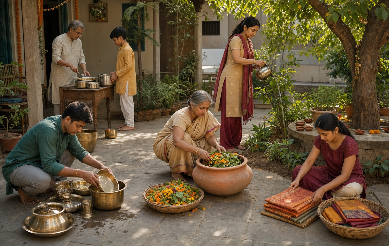 A family cleans reusable dishes, composts flowers, stores cloth decorations, waters plants, and packs surplus food after a celebration.