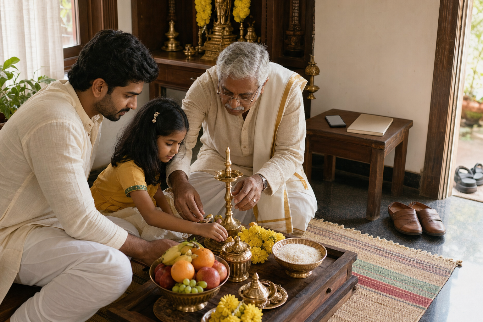 Three generations arrange flowers, fruit, rice and a brass lamp for a focused new-year observance in a home prayer alcove.