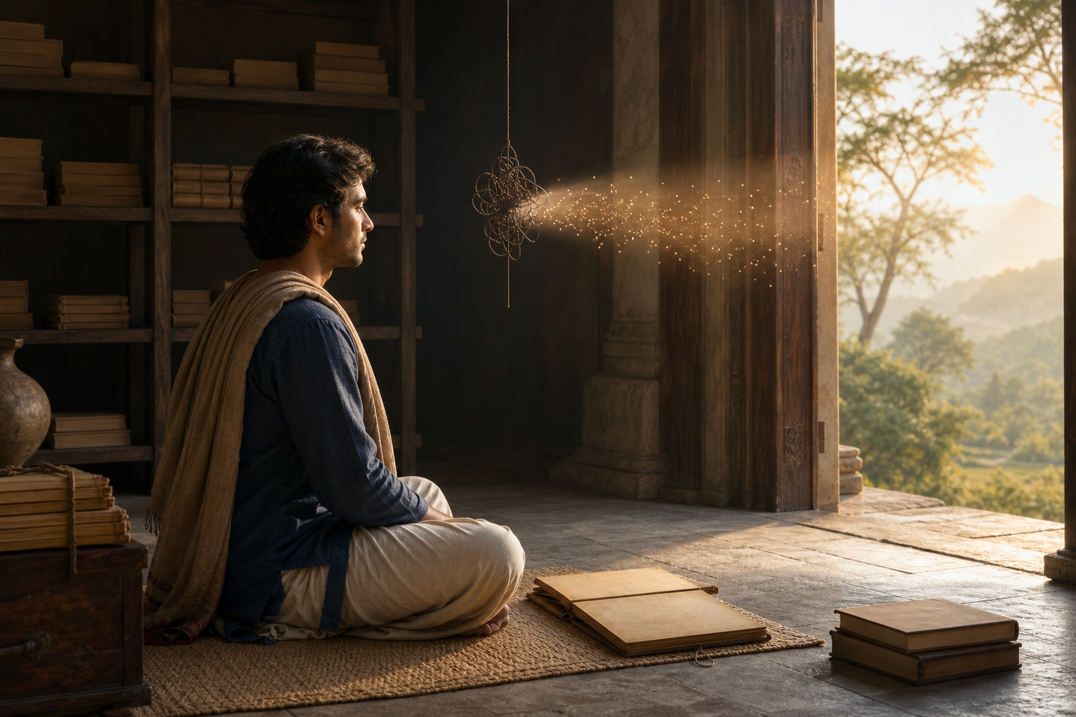 A seated seeker studies in a quiet room as a knotted cluster of dark threads loosens in sunlight leading toward an open doorway.