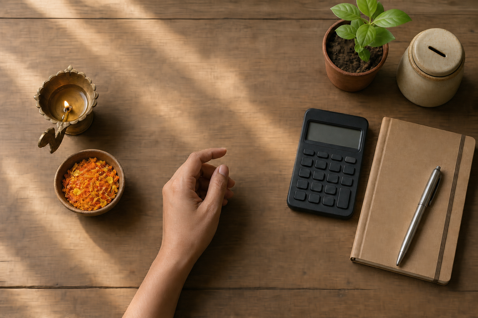 A hand rests between a lit diya and practical planning items including a blank calculator, notebook, savings jar and young plant.
