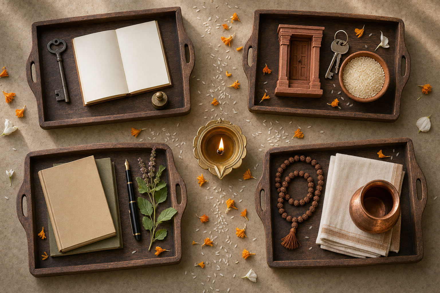 Four trays around a brass lamp contain objects for starting a business, entering a home, beginning study, and adopting a spiritual practice.