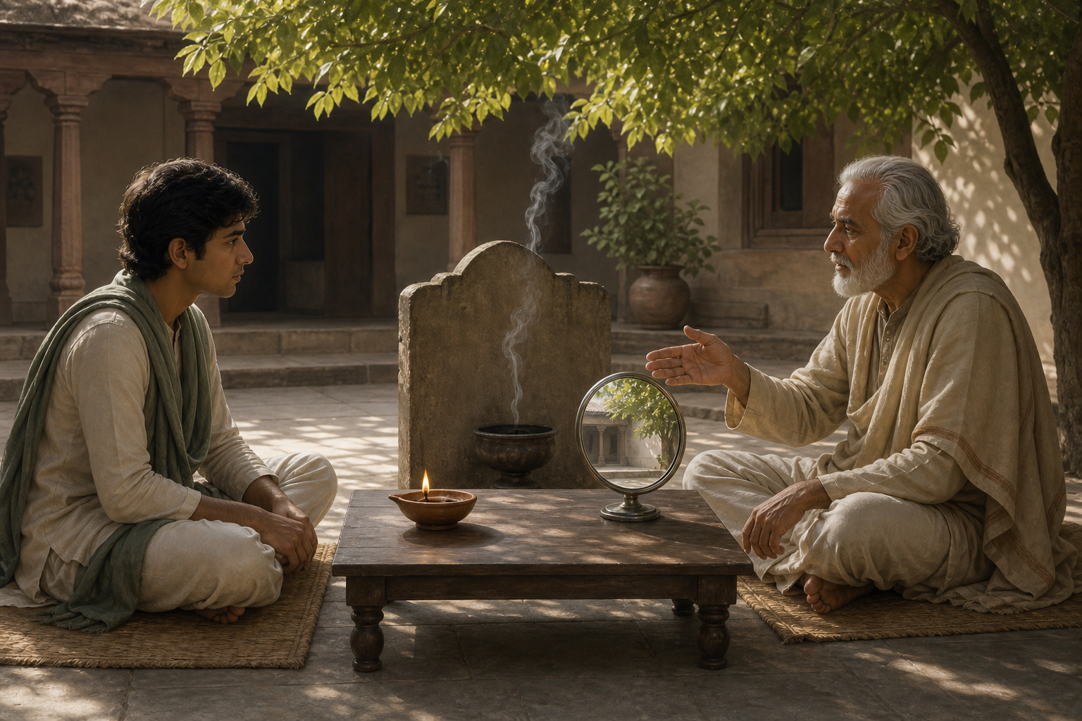 A student and teacher examine a lamp, hidden source of smoke, and mirror in a shaded courtyard.