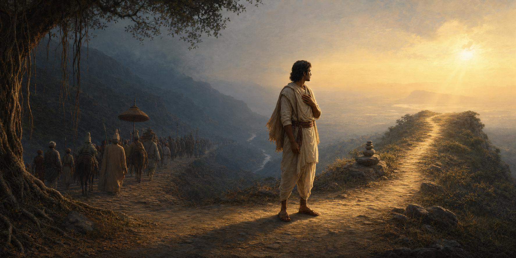 A solitary figure at a crossroads turns from a shadowed procession toward a narrow path illuminated by dawn.