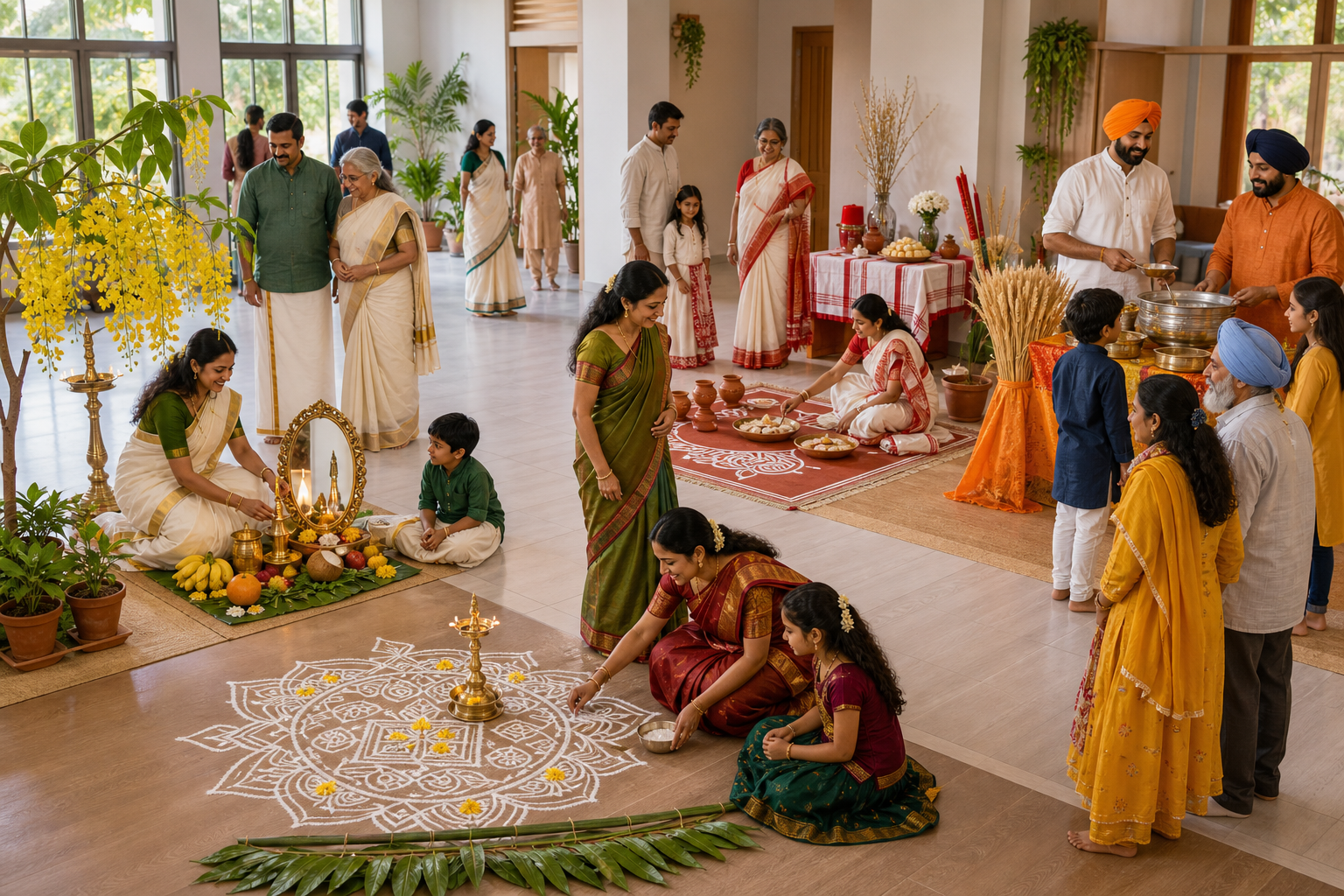 Families gather in a community hall with separate Vishu, Puthandu, Pohela Boishakh and Vaisakhi activity areas.