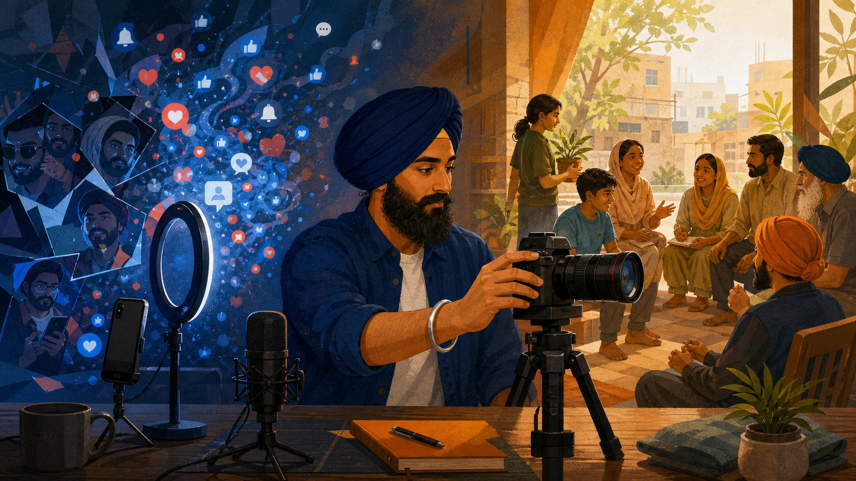 A turbaned Sikh creator with a kara bracelet adjusts a camera in a home studio while abstract notifications glow on one side and a small community gathers in warm light on the other.