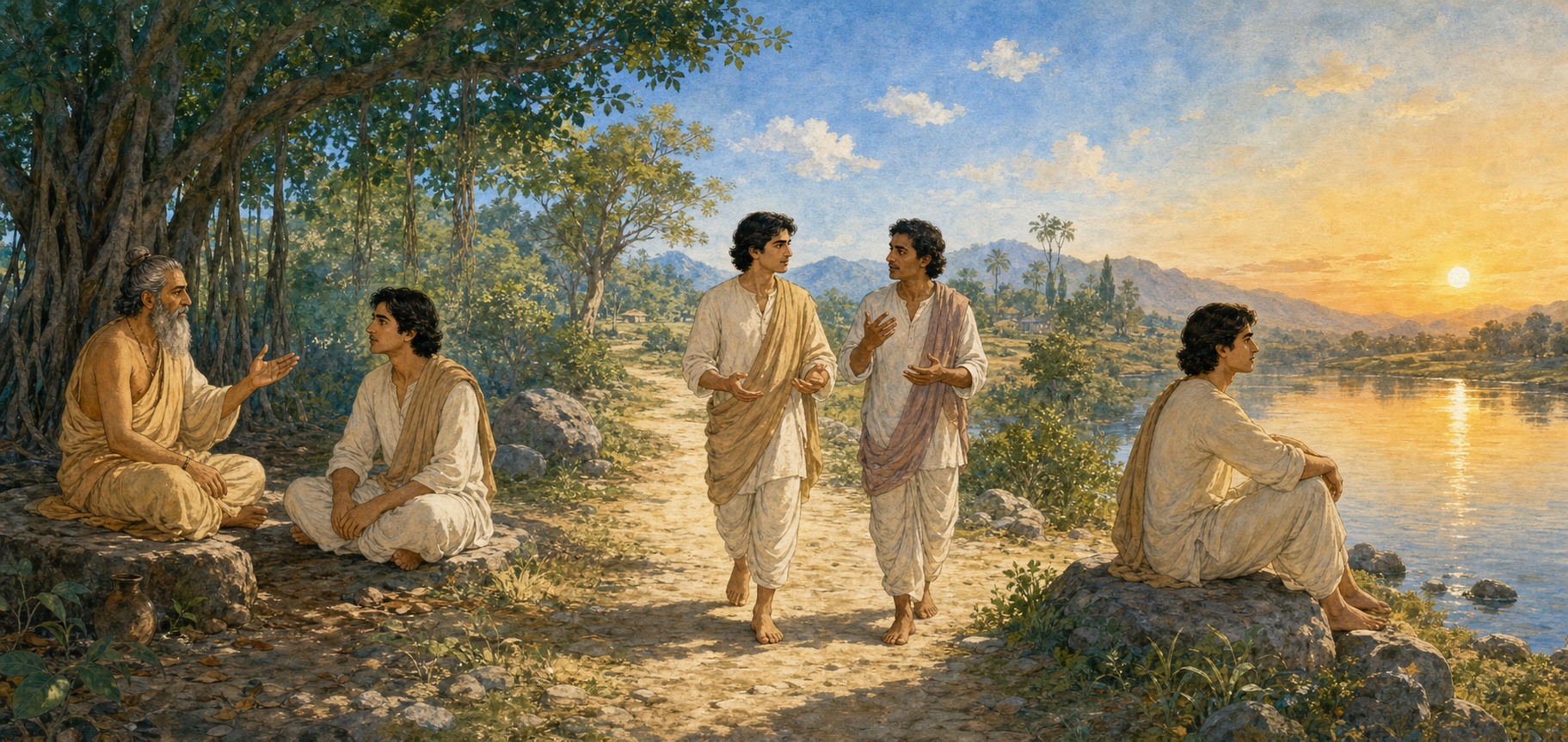 The same seeker listens beneath a tree, reasons with a companion, and later contemplates beside a river.