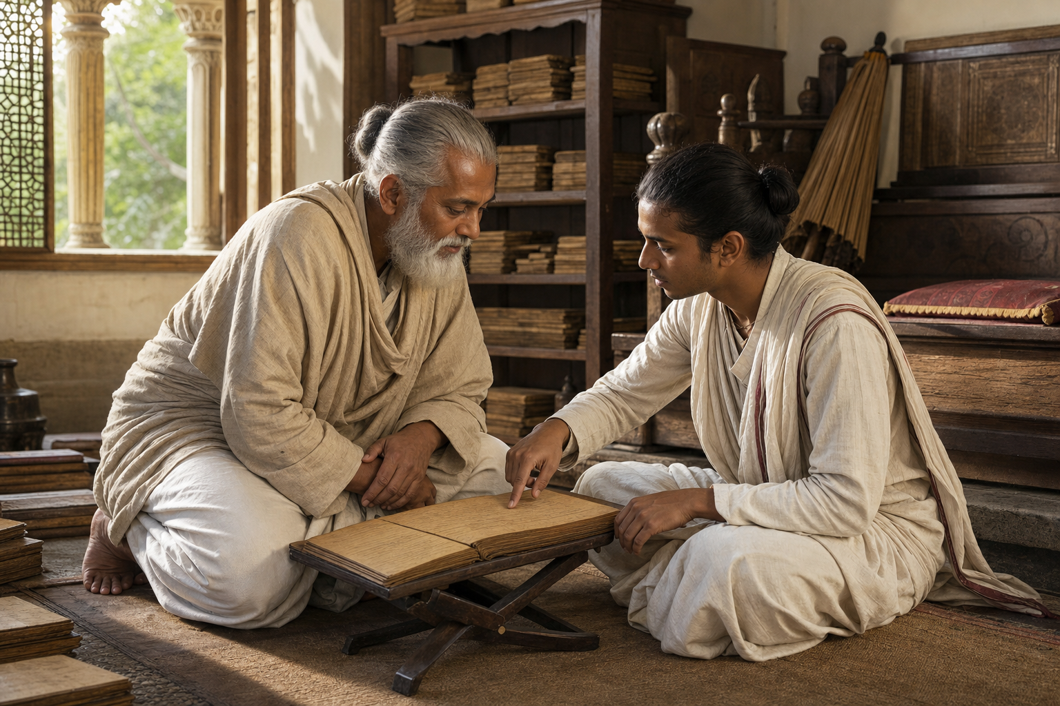 An elder teacher kneels beside a manuscript and listens as a younger practitioner respectfully indicates a passage.