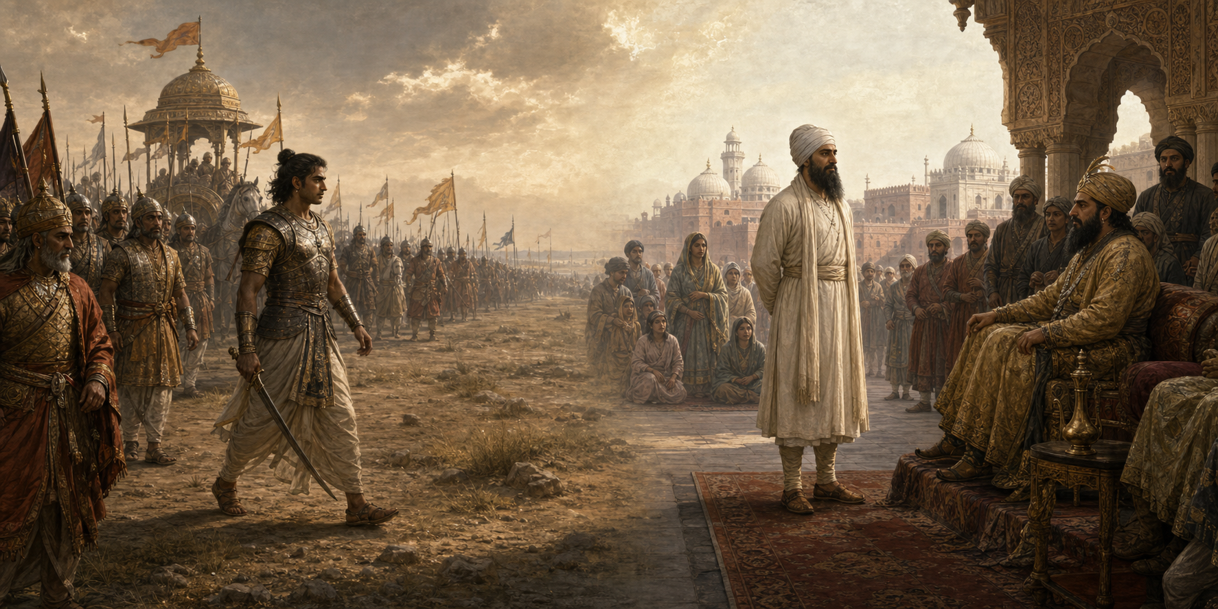 A historical diptych shows Yuyutsu leaving the Kaurava ranks at Kurukshetra and Guru Tegh Bahadur standing calmly before Mughal authorities in Delhi.