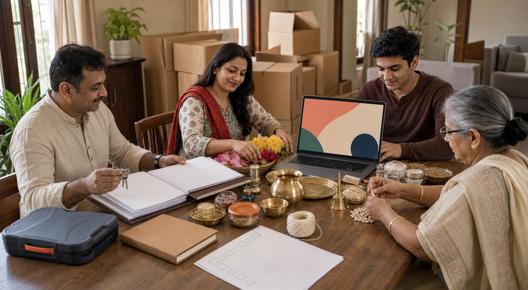 A family organizes documents, keys, ritual vessels, flowers, equipment, and packed boxes around a table before an auspicious event.