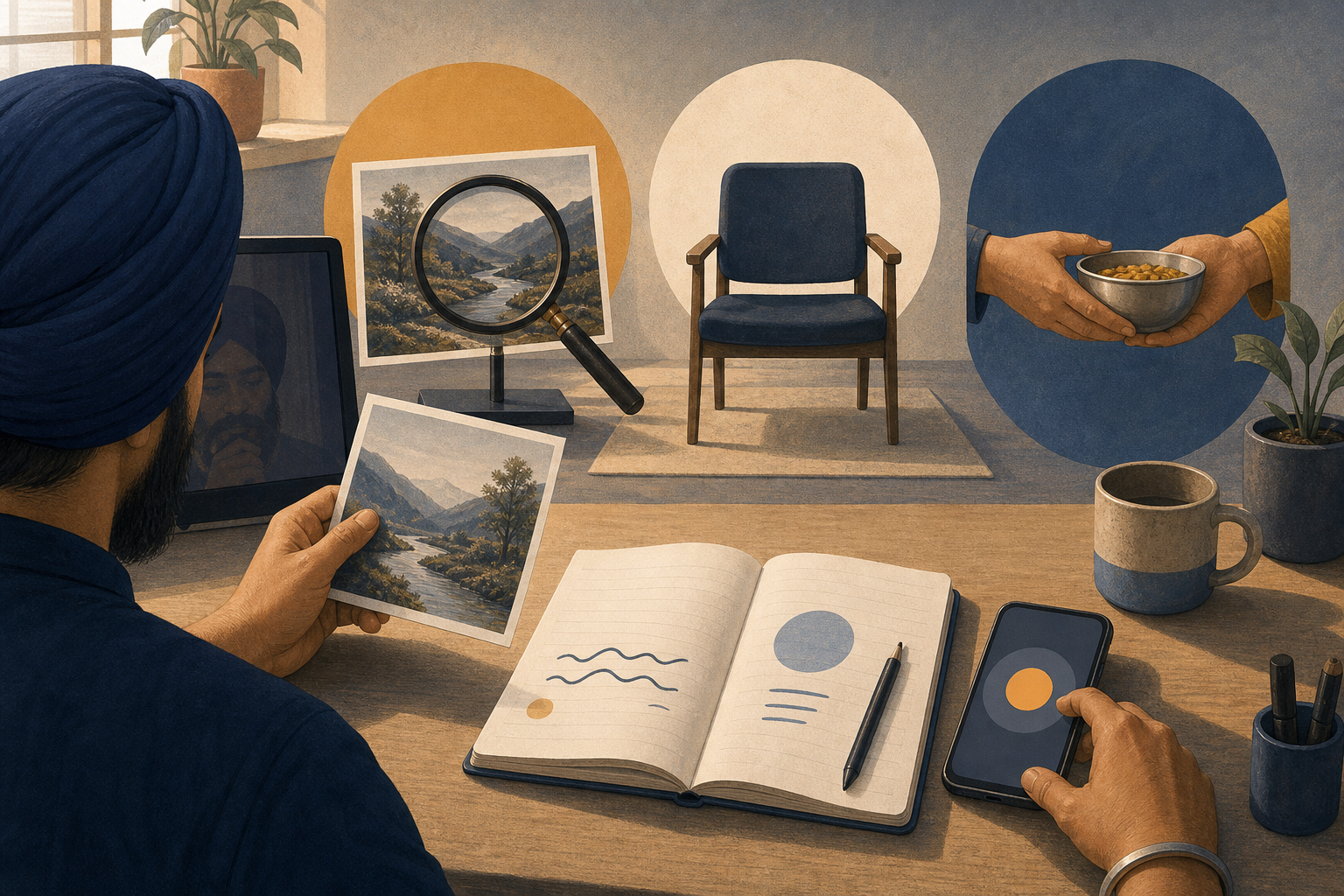 A Sikh creator wearing a kara pauses over a phone while reviewing source material beside a magnifying glass, an empty chair, and a bowl passed between two hands.