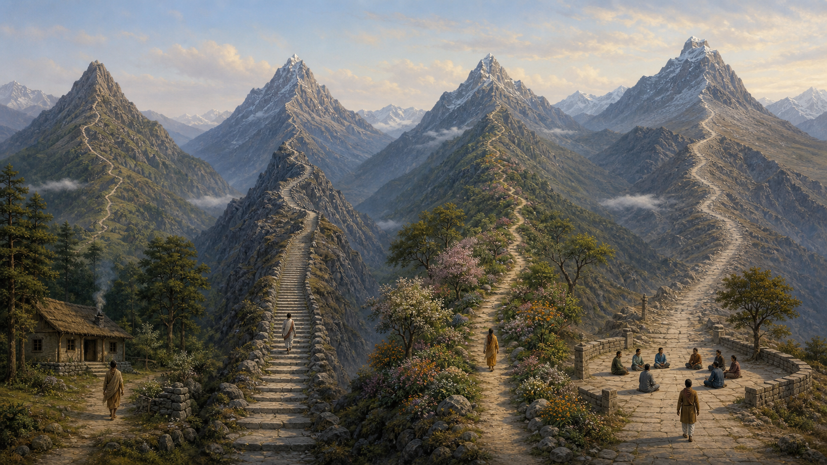 Four distinct paths cross different landscapes toward separate passes in the same mountain range.