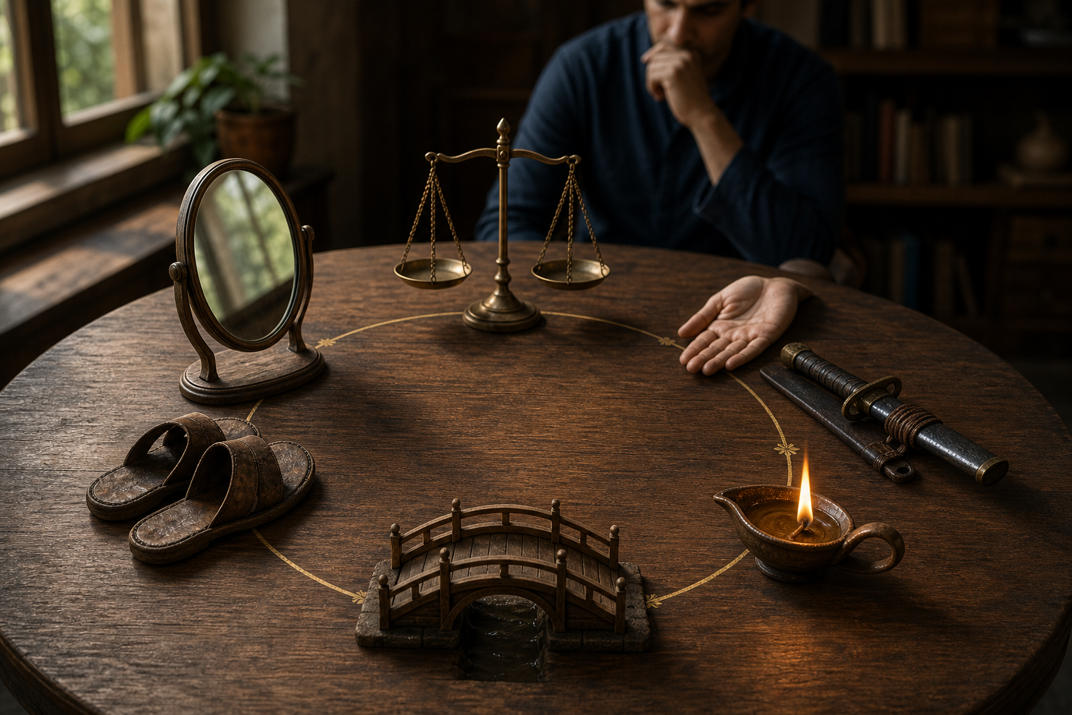 Six symbolic objects arranged in a circle represent self-examination, proportionality, restraint, clarity, dialogue, and acceptance of consequences.