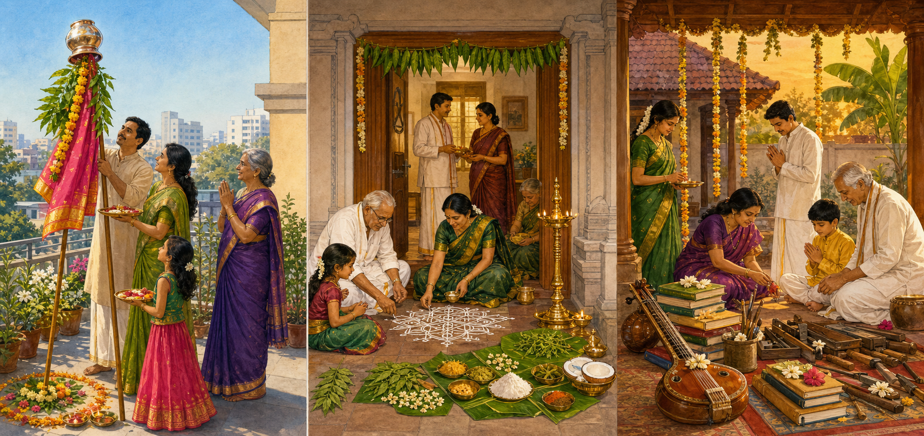 Three separate households observe regional festival customs with a raised gudi, a decorated Deccan entrance, and books, instruments, and tools arranged for Vijayadashami.