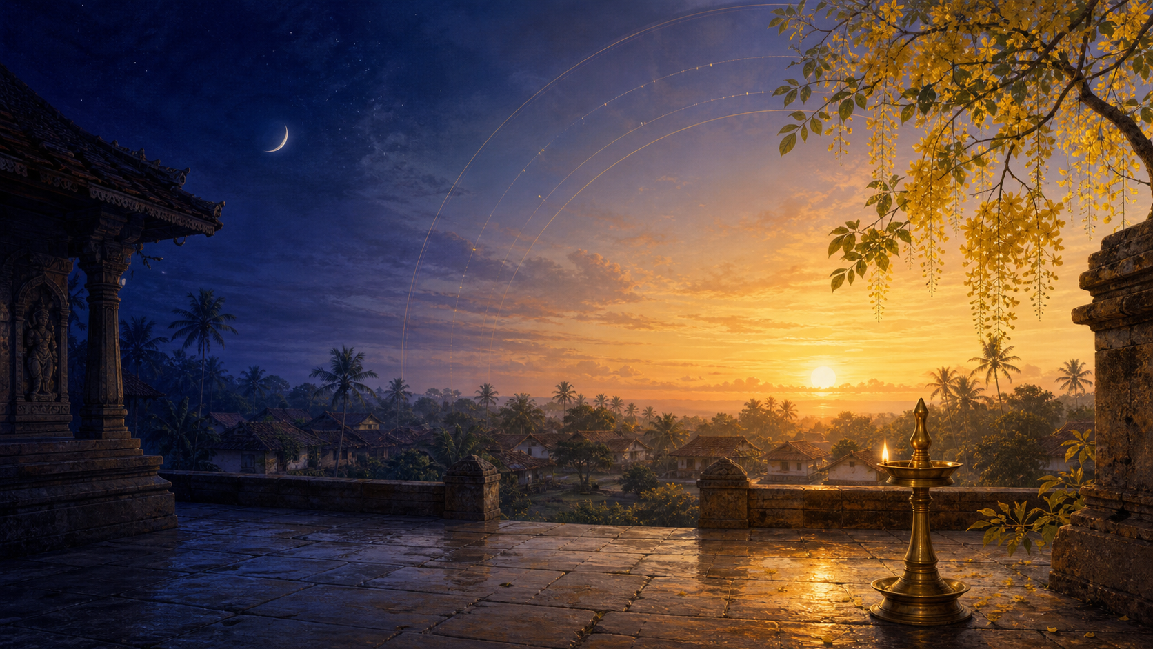 A symbolic panorama of a Kerala-inspired temple courtyard transitioning from a crescent-lit predawn sky to a golden sunrise, with an oil lamp and yellow blossoms in the foreground.